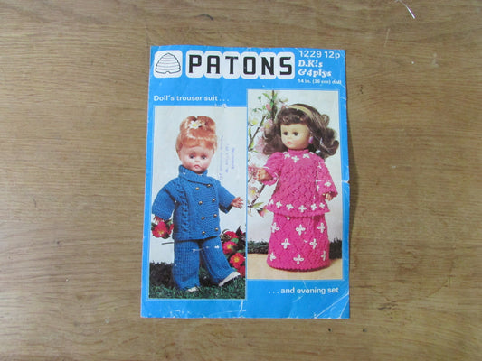 1975 Patons 1229 knitting pattern for doll's trouser suit, & evening set, to fit 14" doll