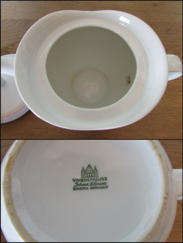 Vintage Vohenstrauss Johann Seltmann, Bavaria Germany, pastel chevron stripe teapot, and lidded preserve pot/sugar bowl