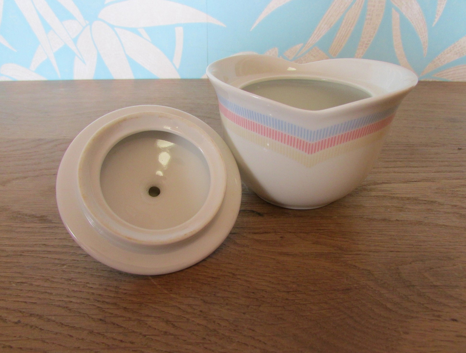 Vintage Vohenstrauss Johann Seltmann, Bavaria Germany, pastel chevron stripe teapot, and lidded preserve pot/sugar bowl