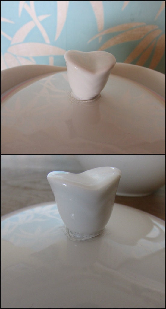 Vintage Vohenstrauss Johann Seltmann, Bavaria Germany, pastel chevron stripe teapot, and lidded preserve pot/sugar bowl