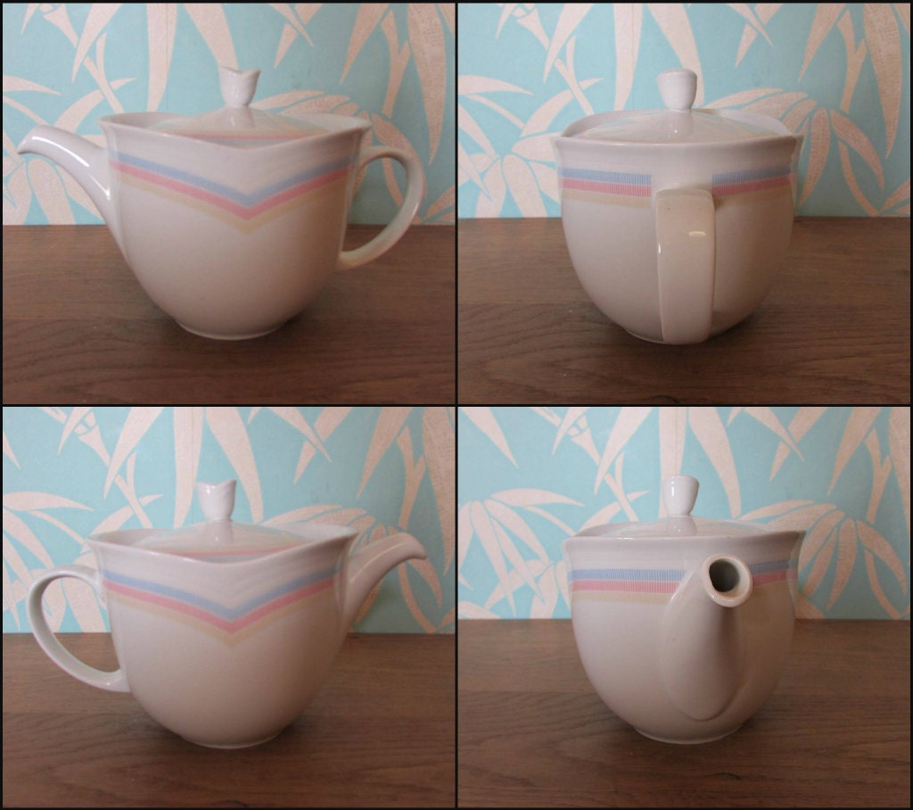 Vintage Vohenstrauss Johann Seltmann, Bavaria Germany, pastel chevron stripe teapot, and lidded preserve pot/sugar bowl