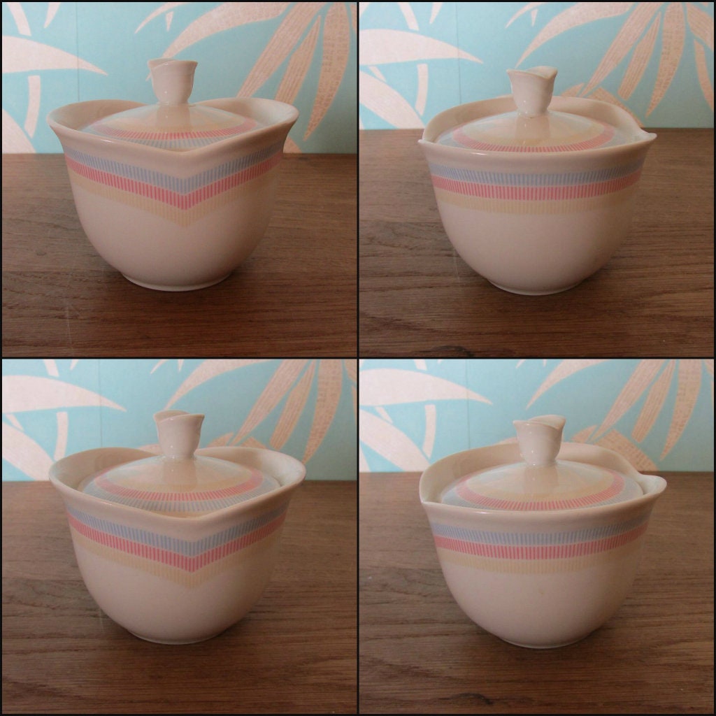 Vintage Vohenstrauss Johann Seltmann, Bavaria Germany, pastel chevron stripe teapot, and lidded preserve pot/sugar bowl