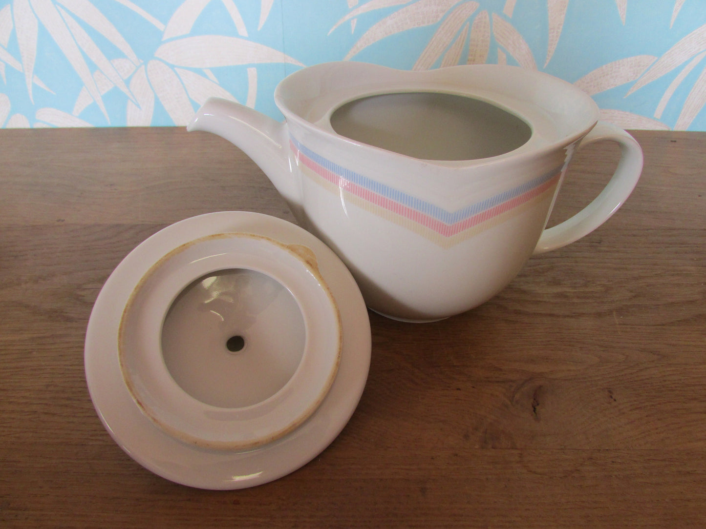 Vintage Vohenstrauss Johann Seltmann, Bavaria Germany, pastel chevron stripe teapot, and lidded preserve pot/sugar bowl