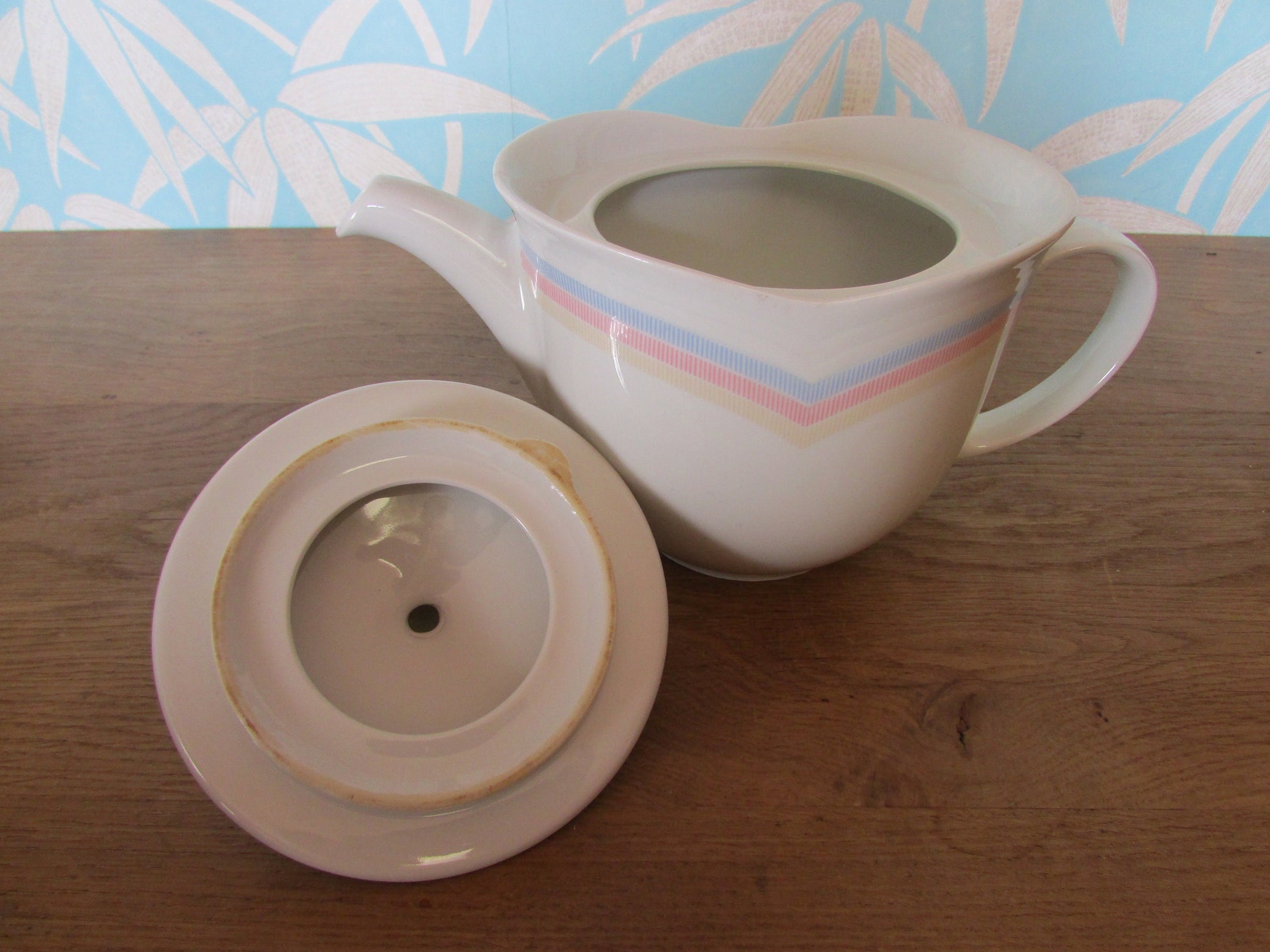 Vintage Vohenstrauss Johann Seltmann, Bavaria Germany, pastel chevron stripe teapot, and lidded preserve pot/sugar bowl