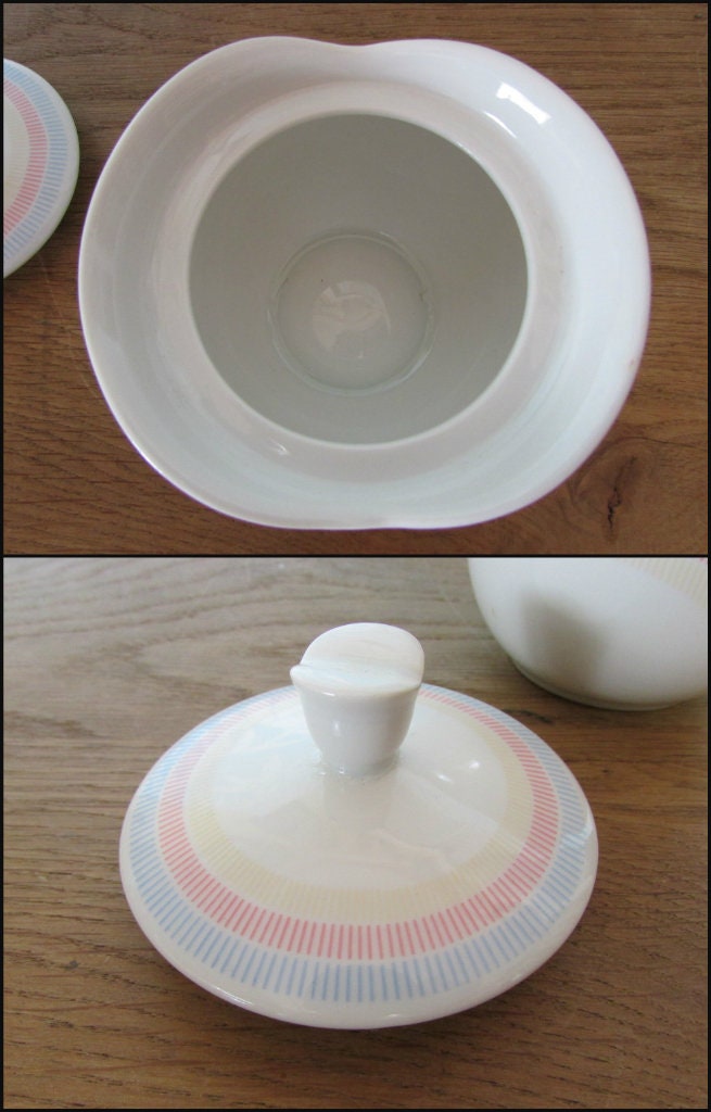 Vintage Vohenstrauss Johann Seltmann, Bavaria Germany, pastel chevron stripe teapot, and lidded preserve pot/sugar bowl