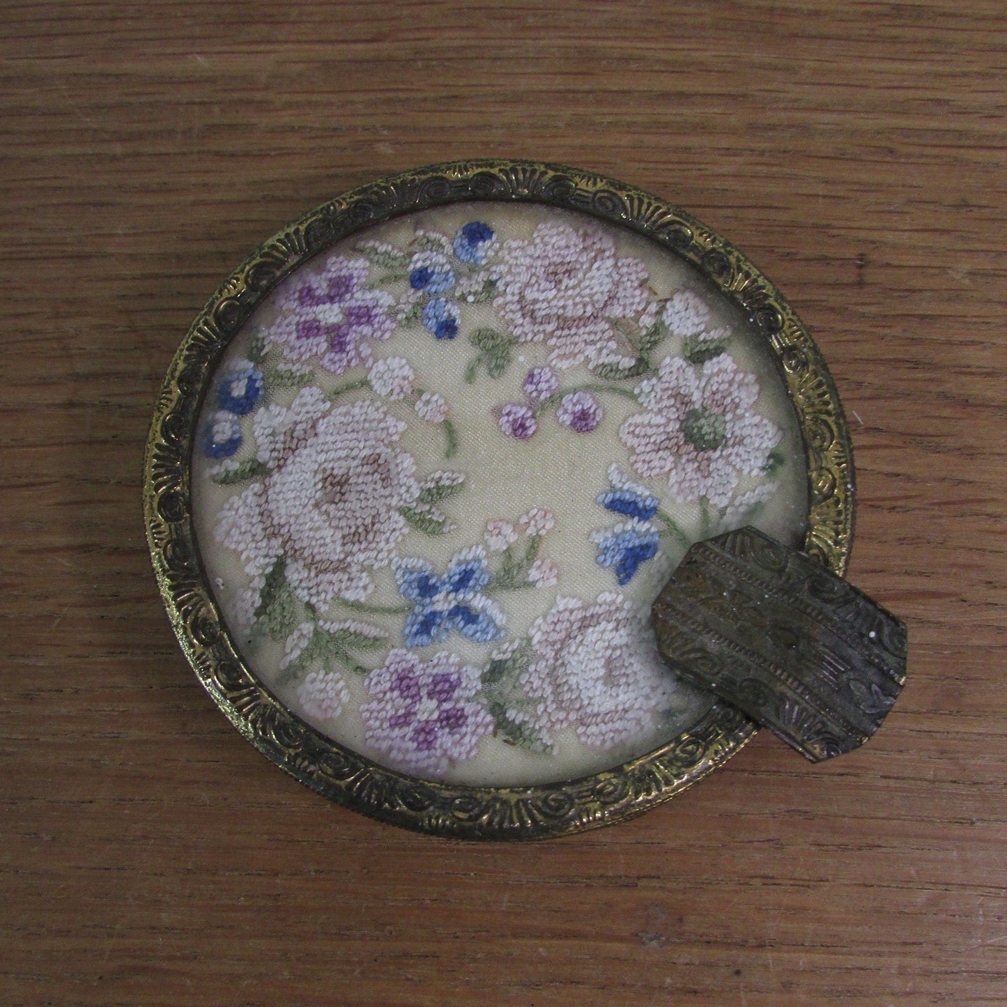 Vintage gilt metal & glass ladies ashtray with delicate petit point embroidery detail