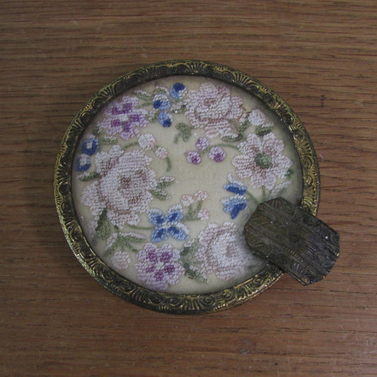 Vintage gilt metal & glass ladies ashtray with delicate petit point embroidery detail