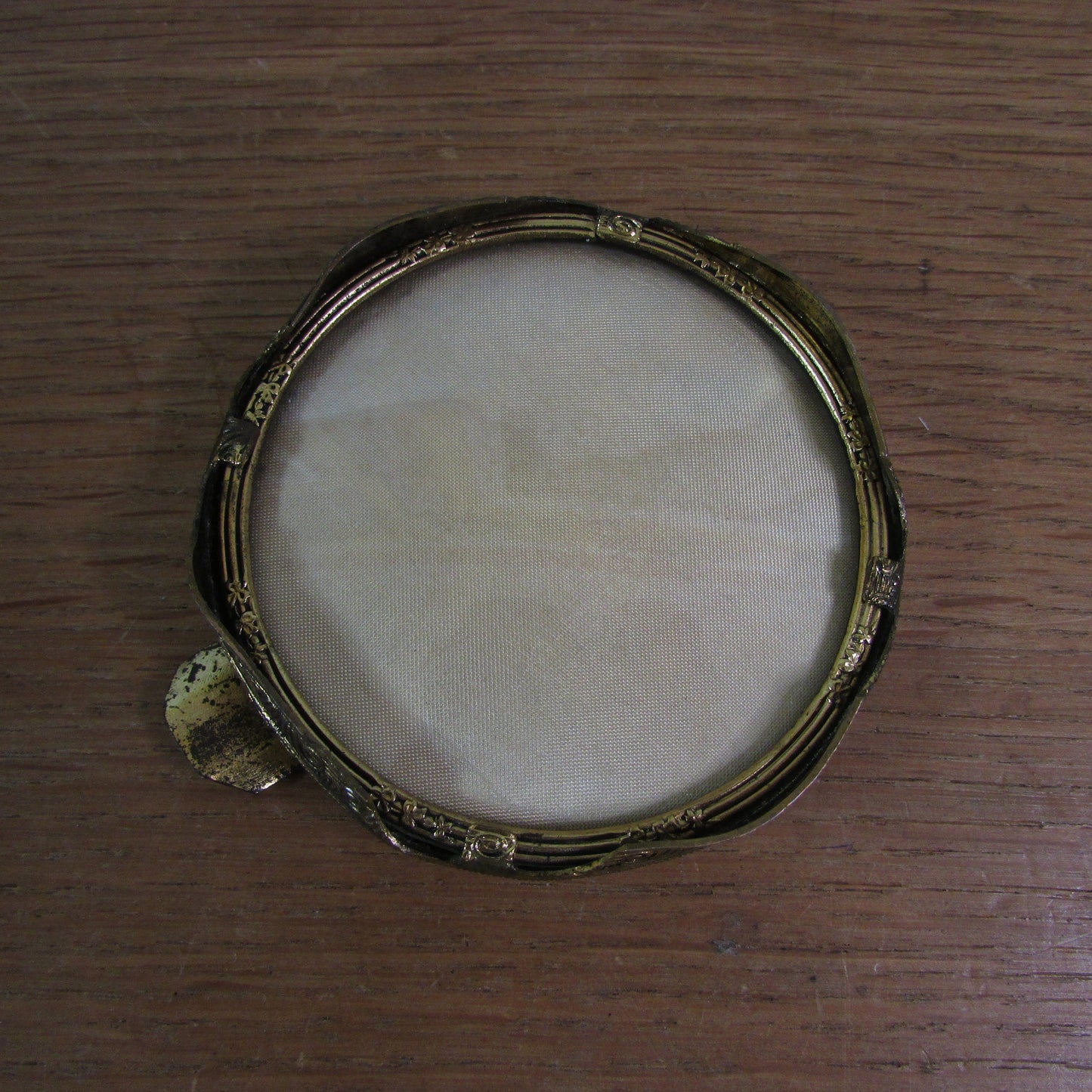 Vintage gilt metal & glass ladies ashtray with delicate petit point embroidery detail