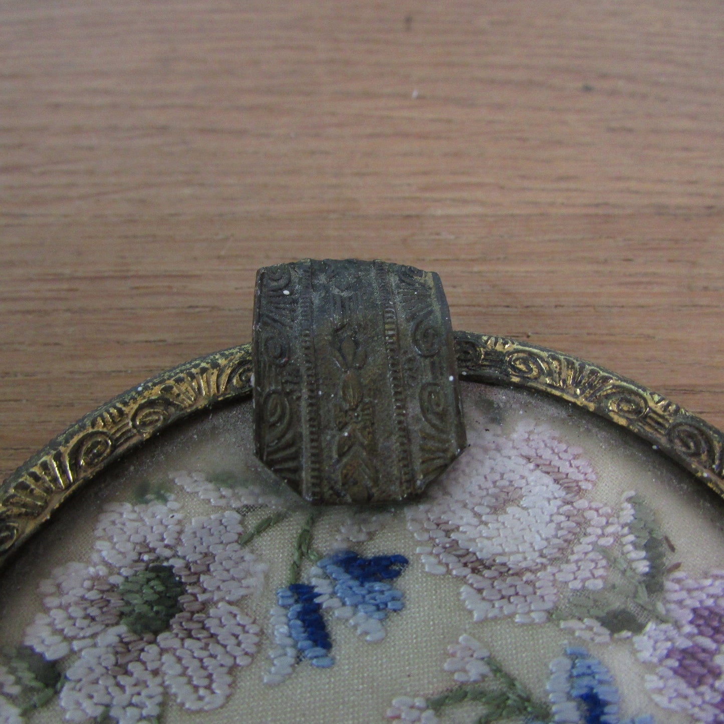 Vintage gilt metal & glass ladies ashtray with delicate petit point embroidery detail