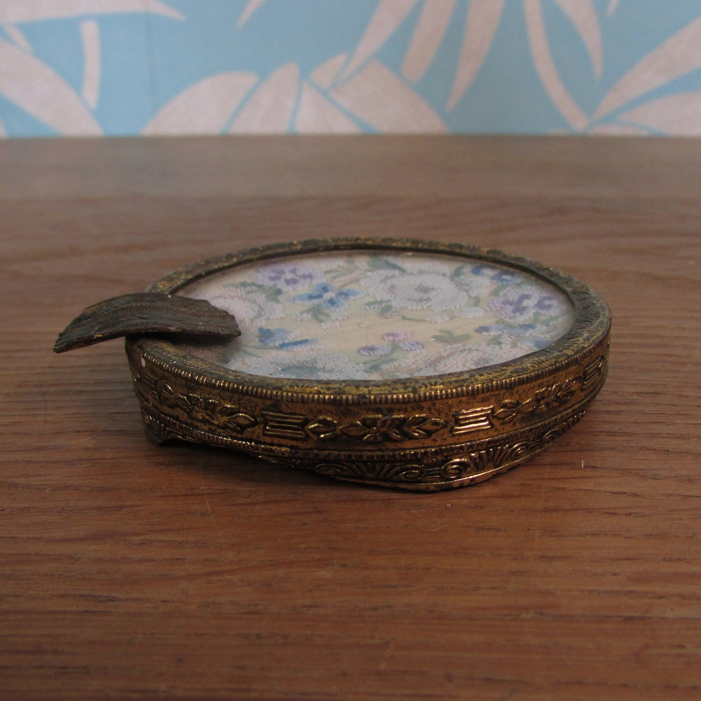 Vintage gilt metal & glass ladies ashtray with delicate petit point embroidery detail