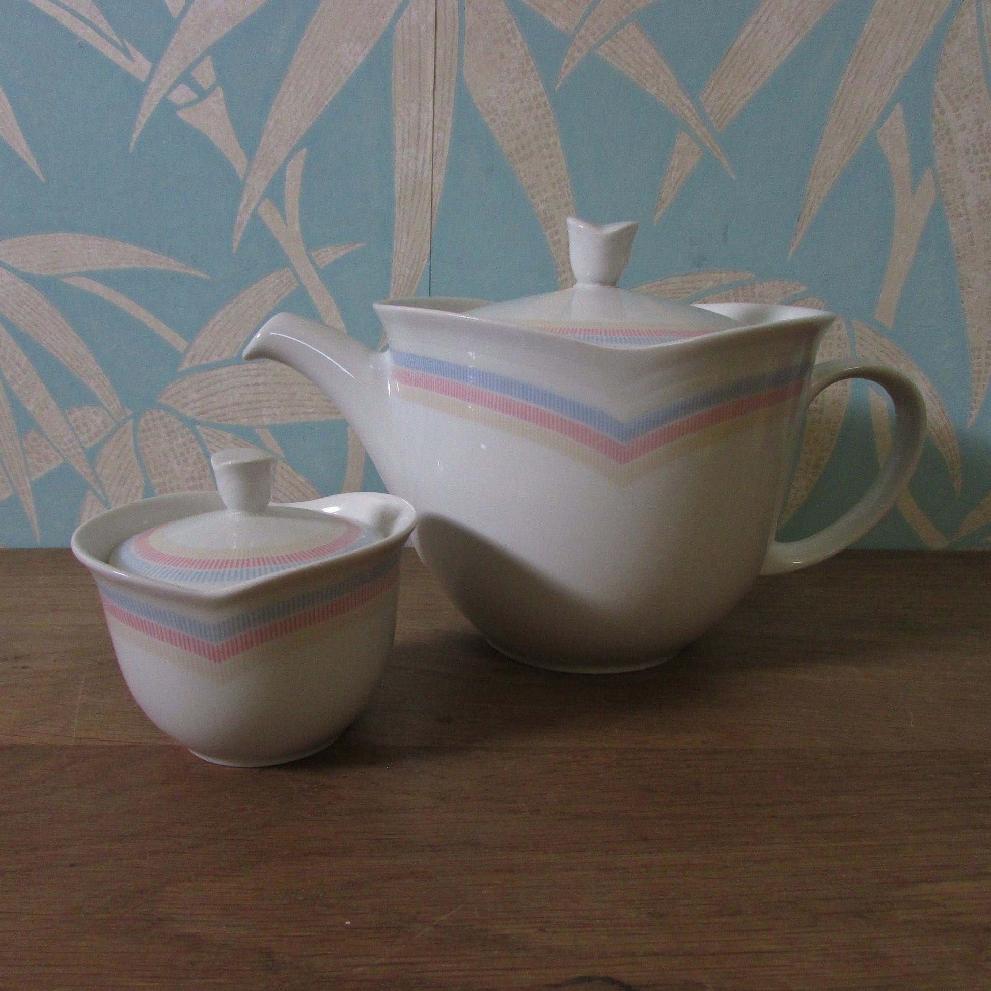 Vintage Vohenstrauss Johann Seltmann, Bavaria Germany, pastel chevron stripe teapot, and lidded preserve pot/sugar bowl