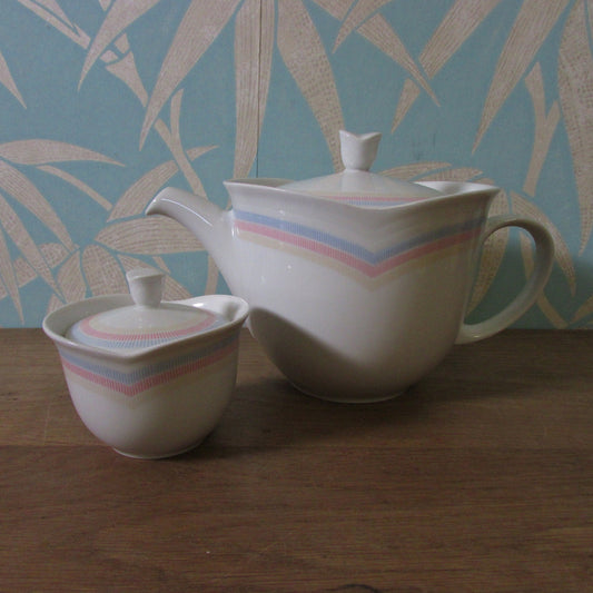 Vintage Vohenstrauss Johann Seltmann, Bavaria Germany, pastel chevron stripe teapot, and lidded preserve pot/sugar bowl