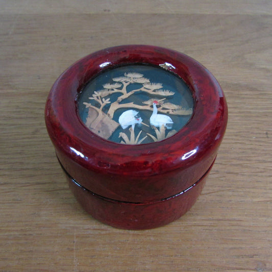 Vintage Chinese miniature cork art round lacquered trinket pot, crane & tree detail