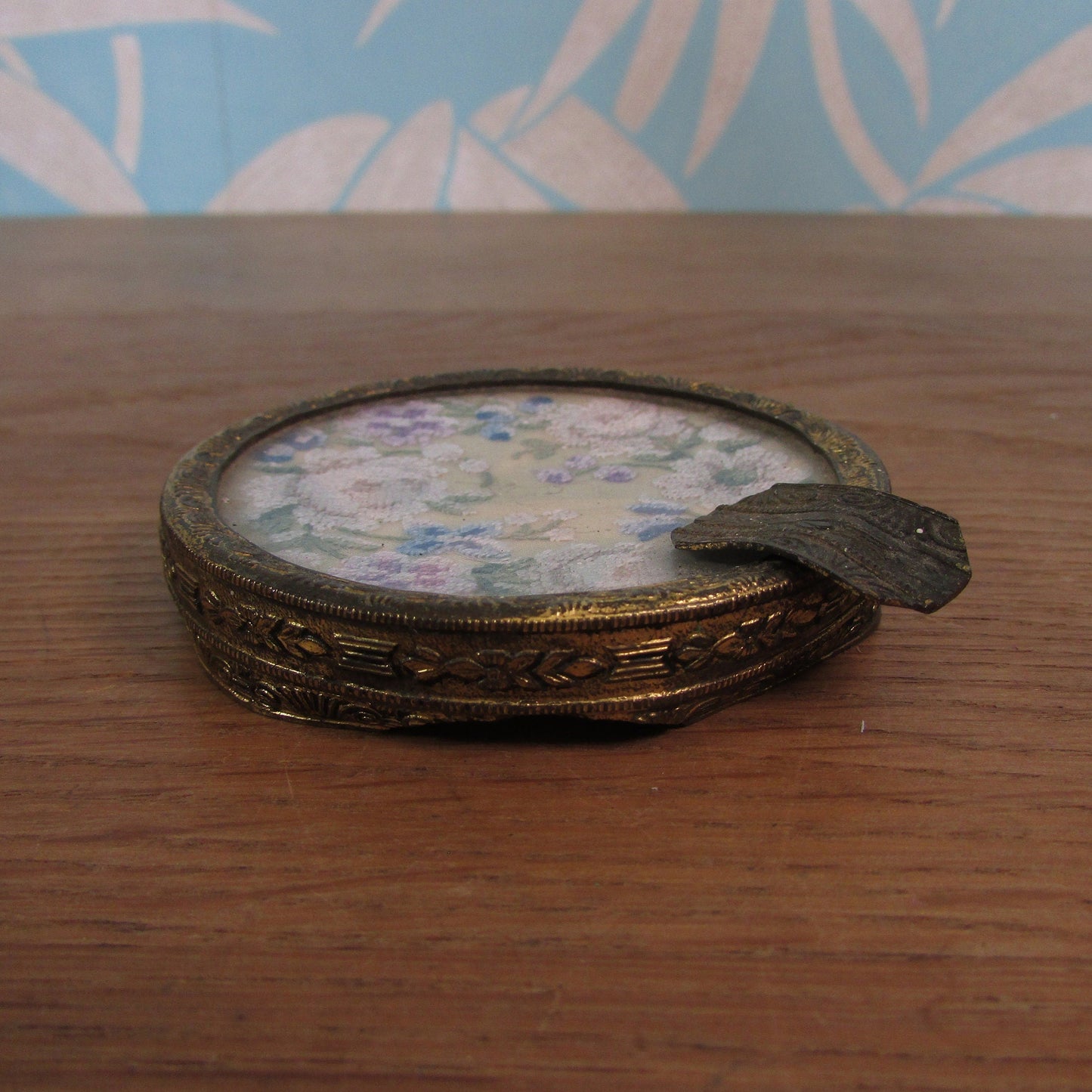 Vintage gilt metal & glass ladies ashtray with delicate petit point embroidery detail
