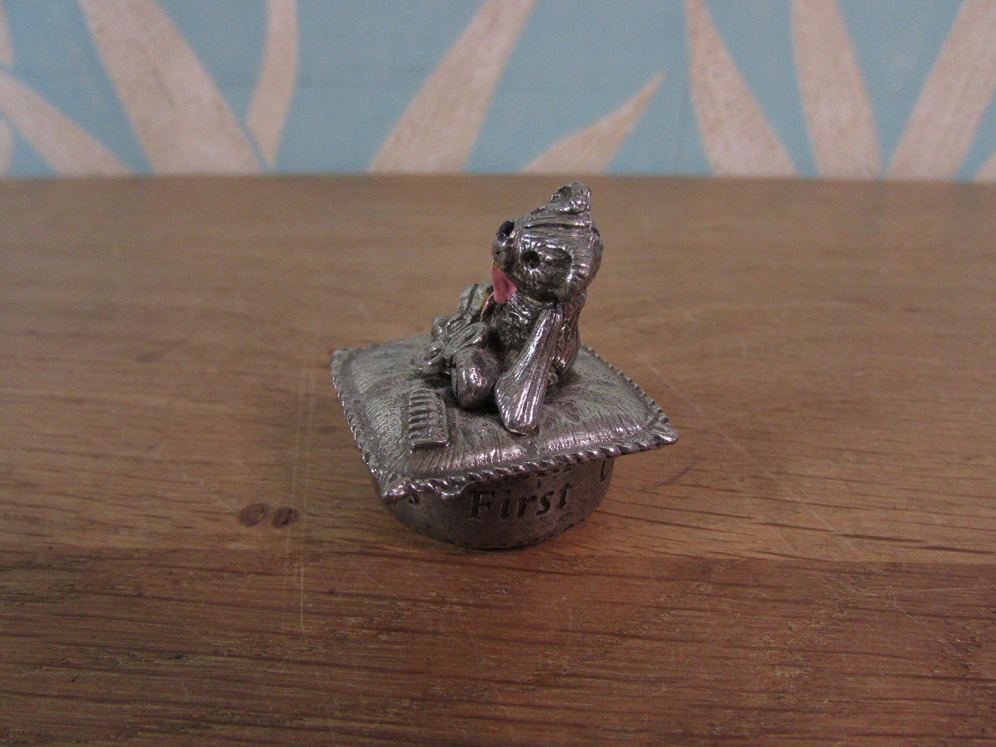 1996 Woodsetton England pewter 'Baby's First Curl' trinket pot with featuring teddy in pink bow tie