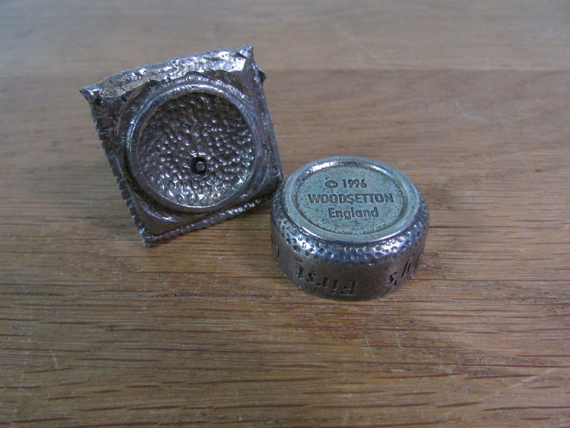 1996 Woodsetton England pewter 'Baby's First Curl' trinket pot with featuring teddy in pink bow tie