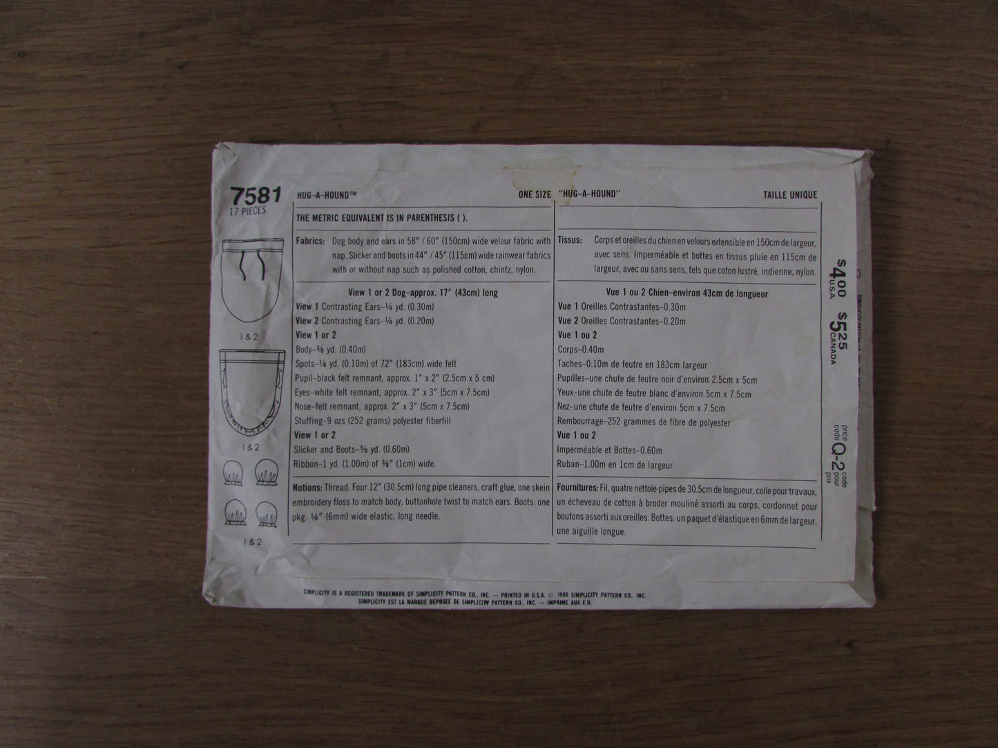 Used 1986 Simplicity 7581 crafts/ouvrages sewing pattern for Hug-a-Hound (complete)