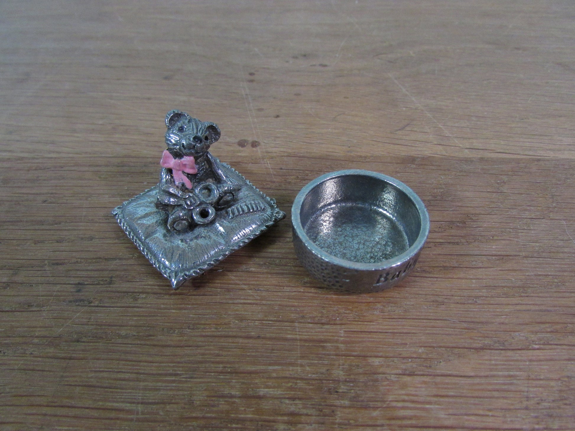 1996 Woodsetton England pewter 'Baby's First Curl' trinket pot with featuring teddy in pink bow tie