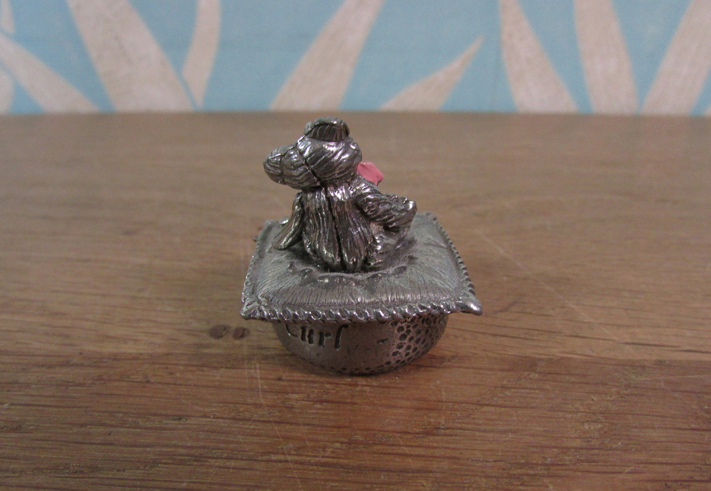 1996 Woodsetton England pewter 'Baby's First Curl' trinket pot with featuring teddy in pink bow tie