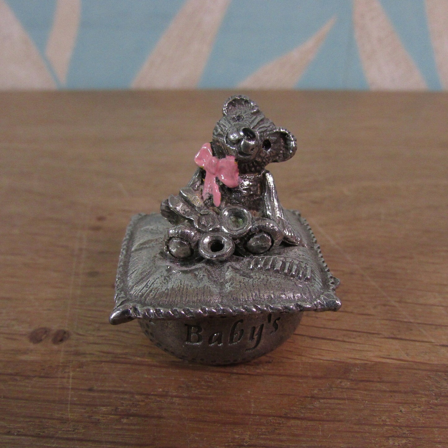 1996 Woodsetton England pewter 'Baby's First Curl' trinket pot with featuring teddy in pink bow tie