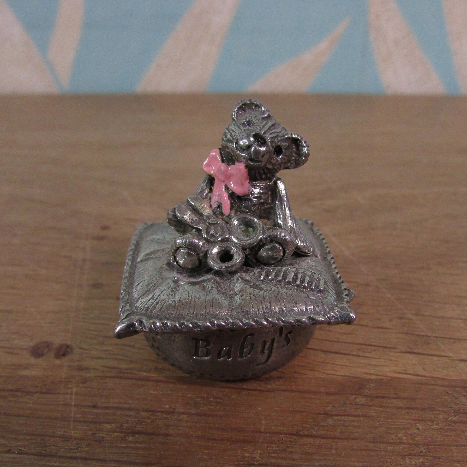 1996 Woodsetton England pewter 'Baby's First Curl' trinket pot with featuring teddy in pink bow tie