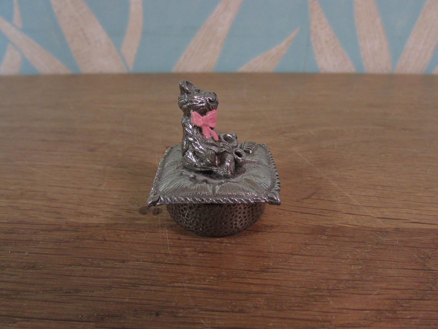 1996 Woodsetton England pewter 'Baby's First Curl' trinket pot with featuring teddy in pink bow tie