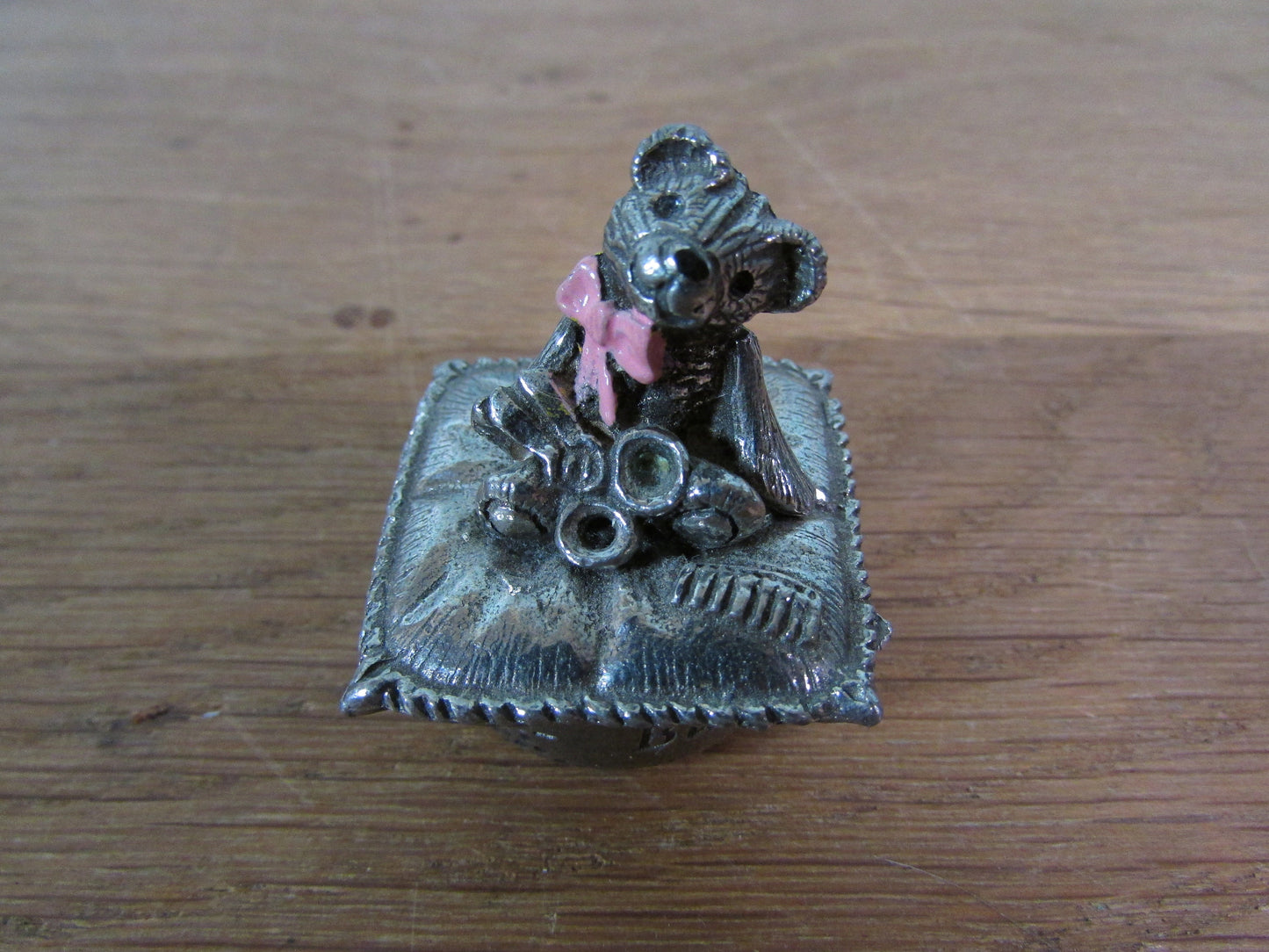 1996 Woodsetton England pewter 'Baby's First Curl' trinket pot with featuring teddy in pink bow tie