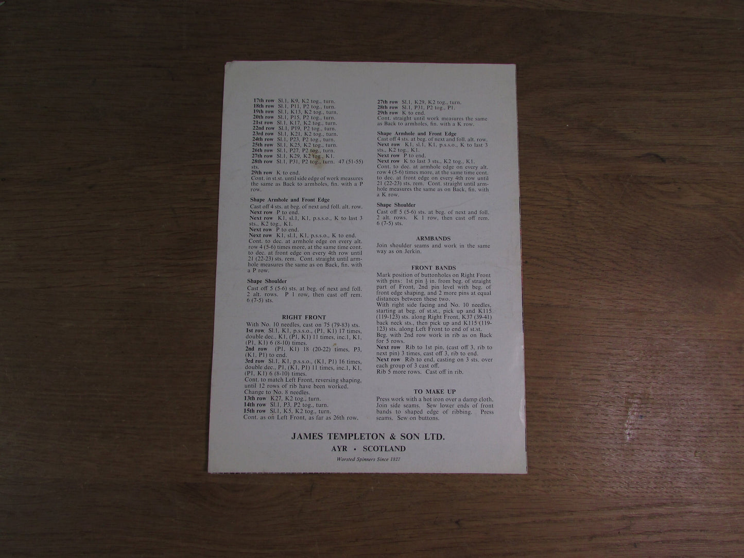 1960s Templeton's 1289 knitting pattern for jerkin & waistcoat