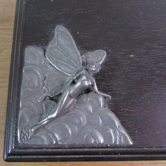 Vintage wooden jewellery box with pewter Art Nouveau fairy corner detail, signed AV