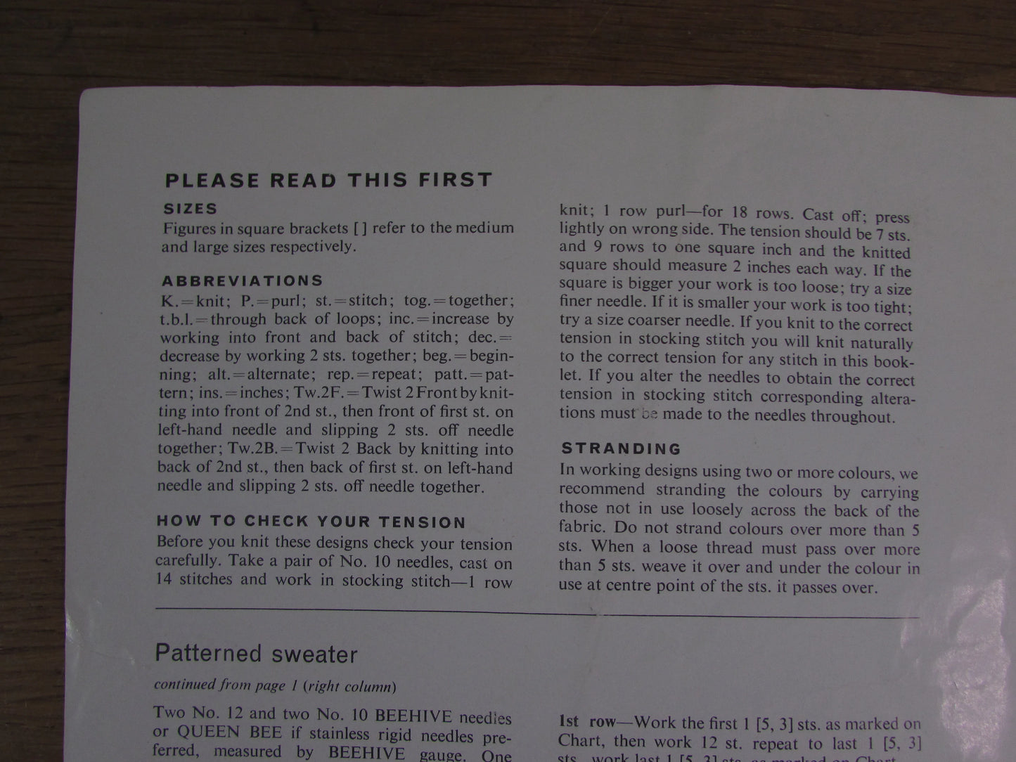 1960s Patons 9480 knitting pattern for v-neck & patterned child's sweater in 3 sizes