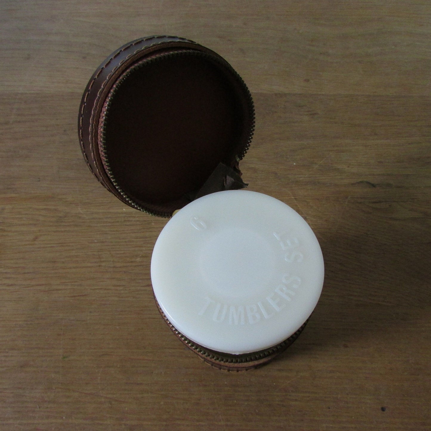 Set of 6 1960s/70s plastic tumblers in leather travel "Six Drinking Cup" case