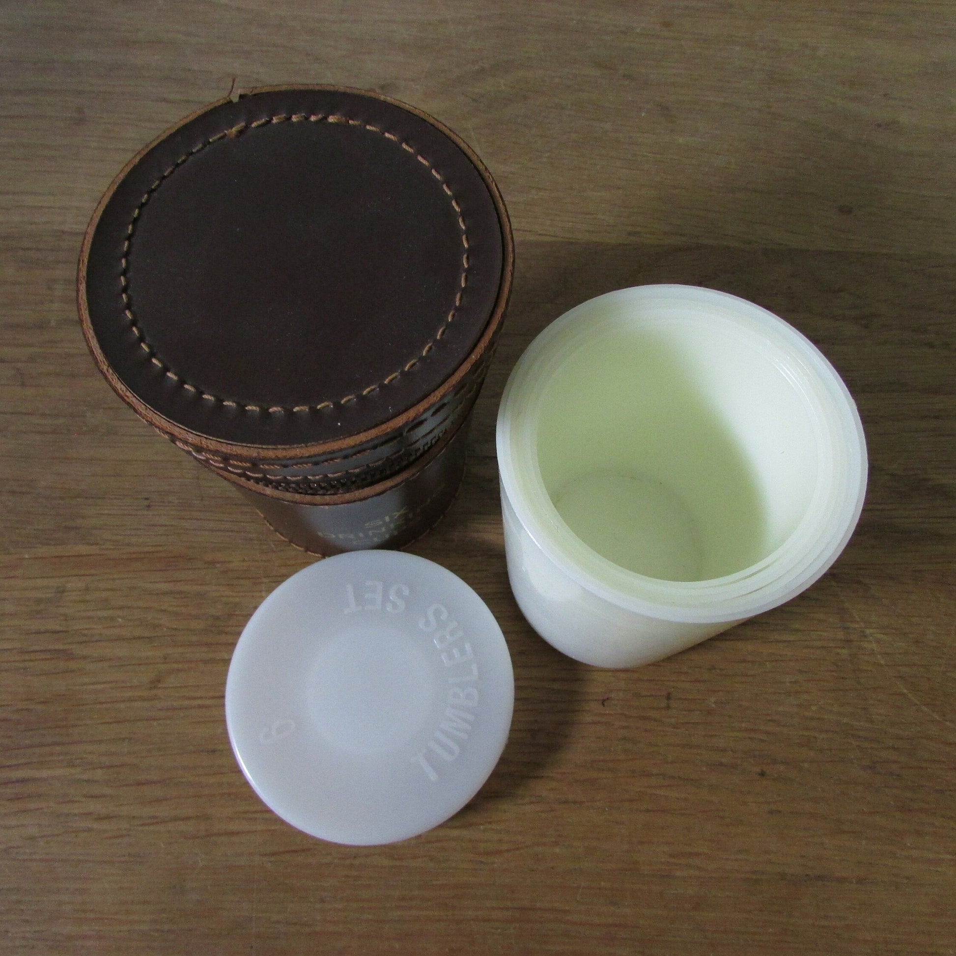 Set of 6 1960s/70s plastic tumblers in leather travel "Six Drinking Cup" case