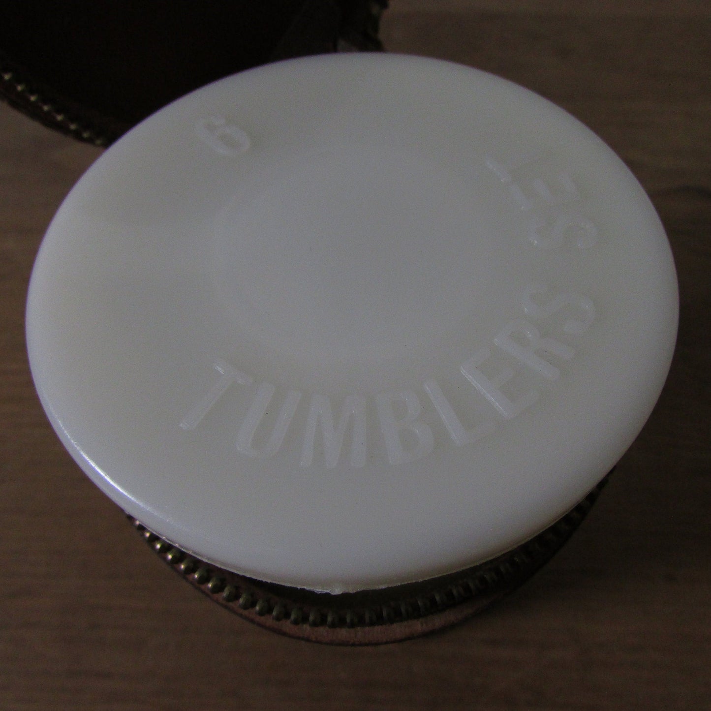 Set of 6 1960s/70s plastic tumblers in leather travel "Six Drinking Cup" case