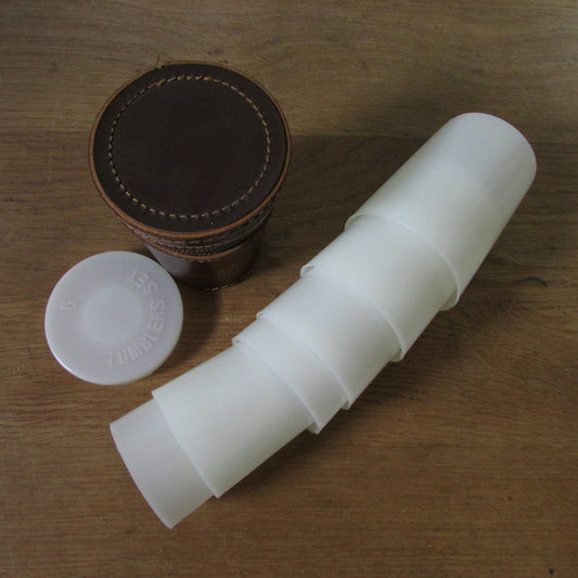 Set of 6 1960s/70s plastic tumblers in leather travel "Six Drinking Cup" case