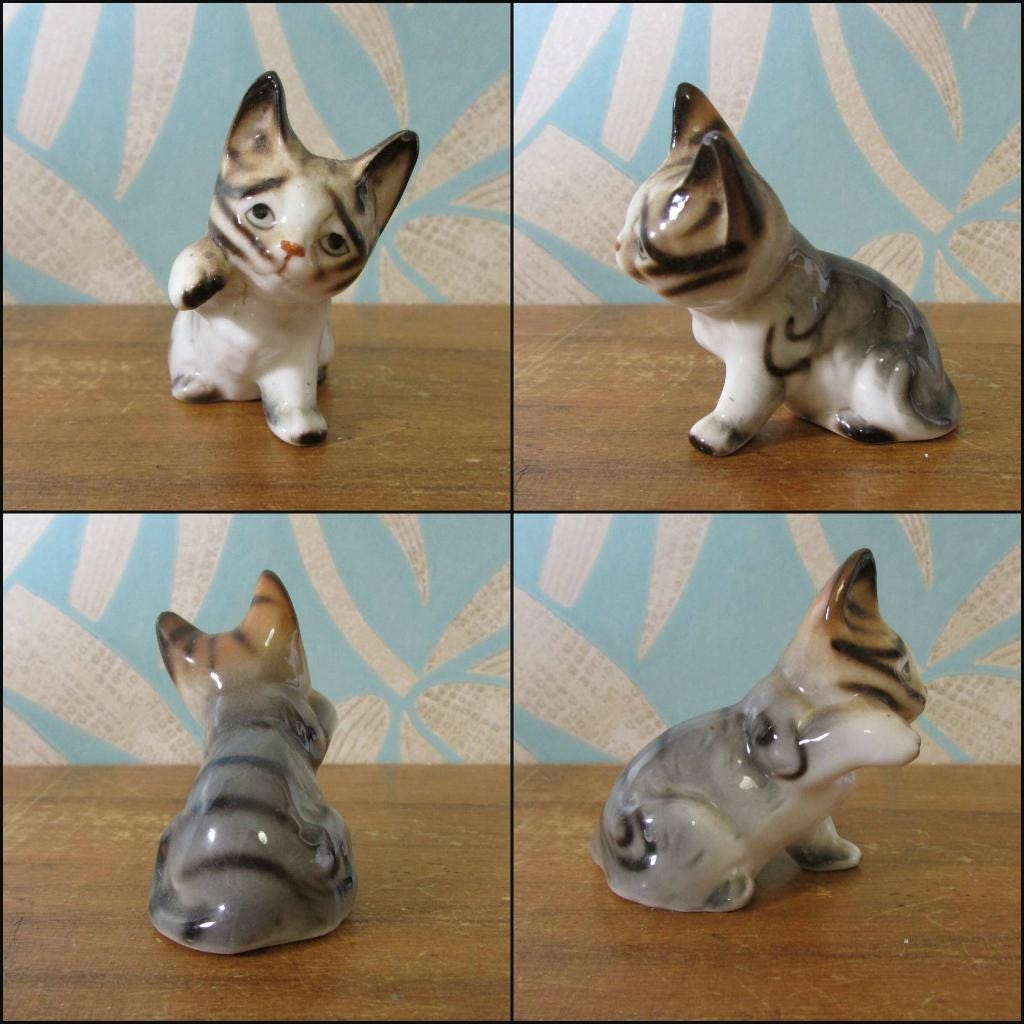 Trio of vintage bone china kittens, labelled Foreign