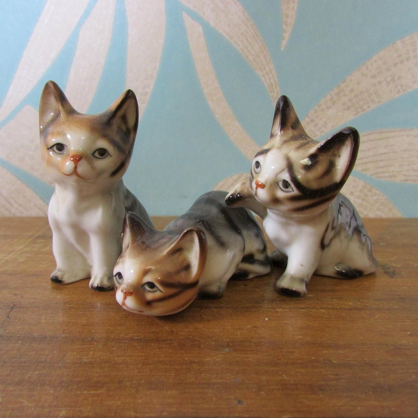 Trio of vintage bone china kittens, labelled Foreign