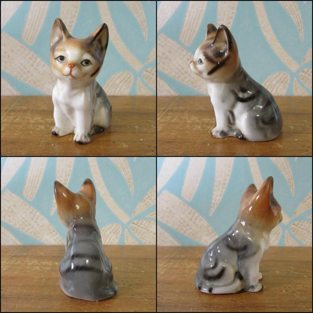Trio of vintage bone china kittens, labelled Foreign
