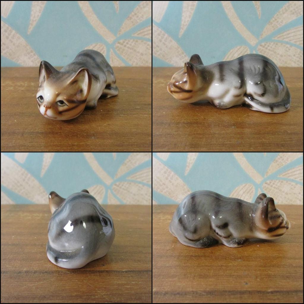 Trio of vintage bone china kittens, labelled Foreign