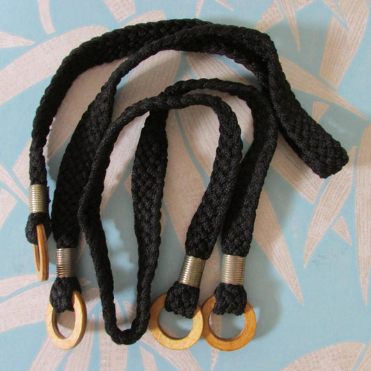 Pair of vintage-style black plaited cord handbag straps with wooden ring detail