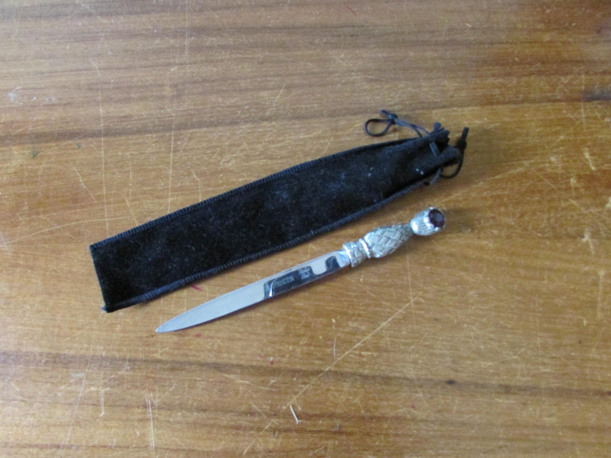 Vintage Jacobite stainless steel & glass jewel letter/paper knife with storage pouch
