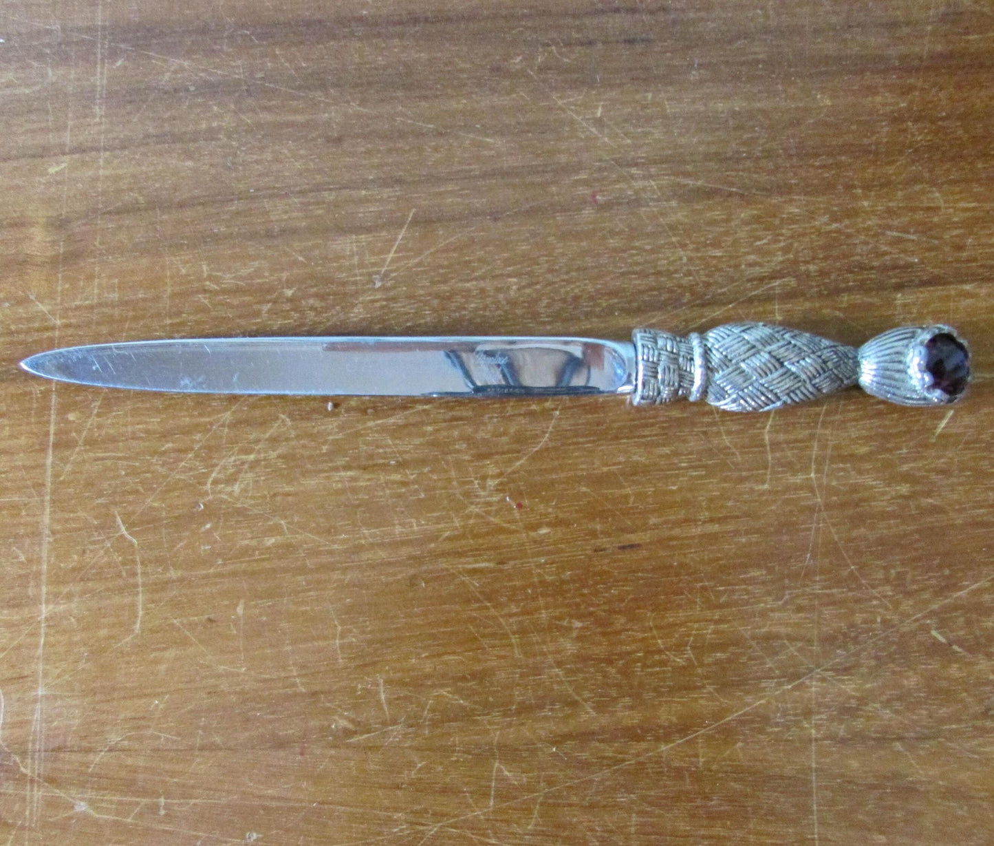 Vintage Jacobite stainless steel & glass jewel letter/paper knife with storage pouch