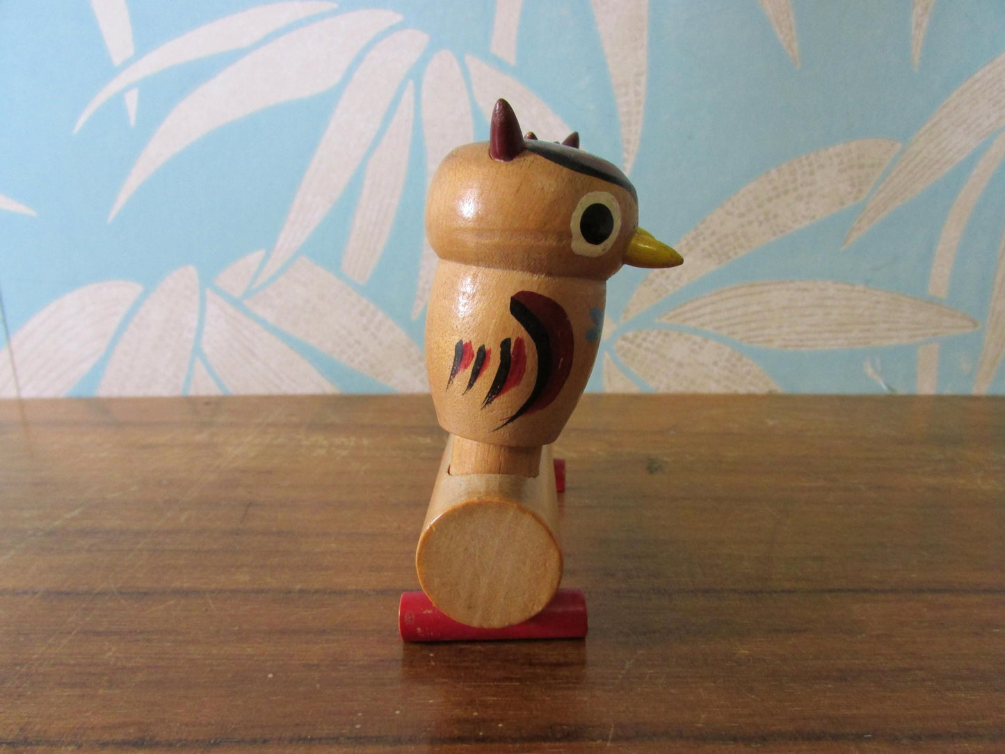 Mid-century hand-painted wooden owls on branch salt & pepper set