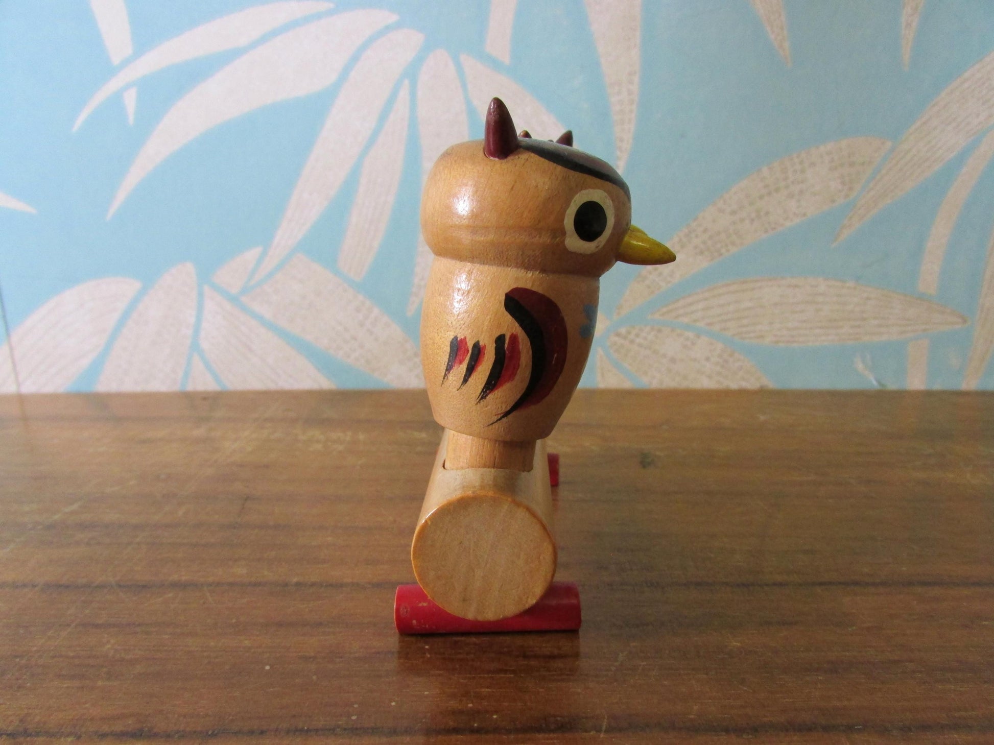 Mid-century hand-painted wooden owls on branch salt & pepper set