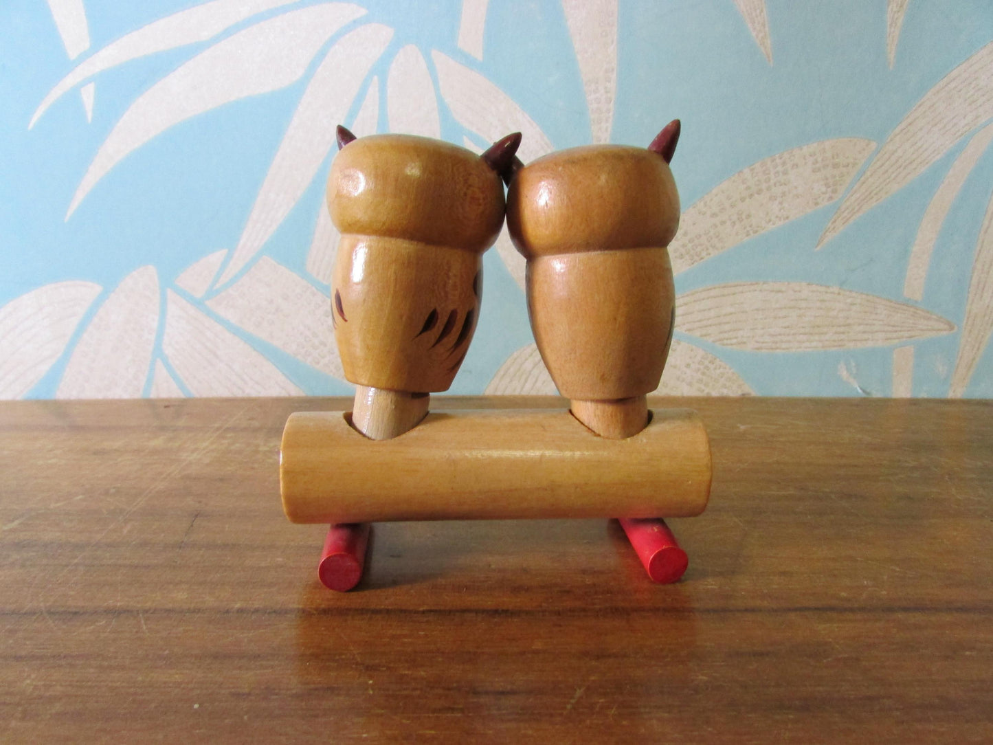 Mid-century hand-painted wooden owls on branch salt & pepper set