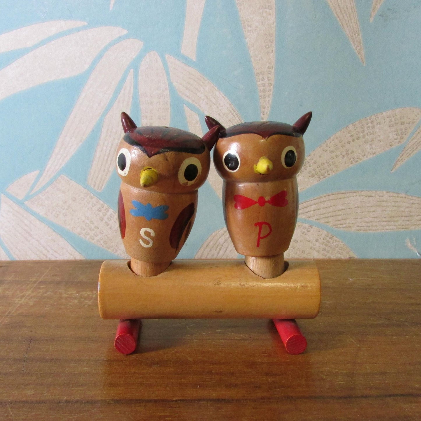 Mid-century hand-painted wooden owls on branch salt & pepper set