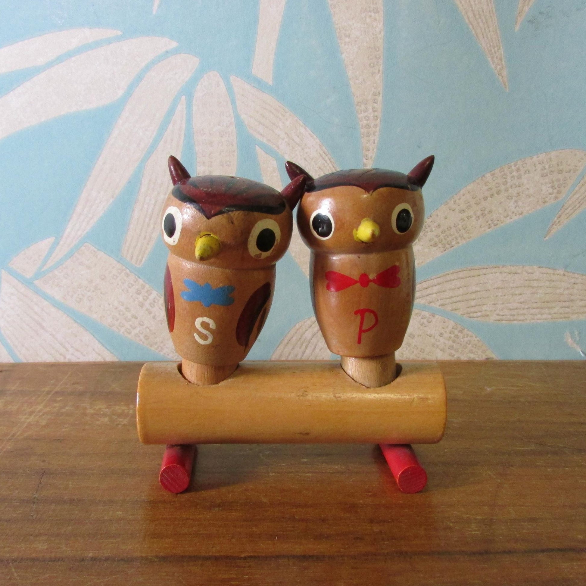 Mid-century hand-painted wooden owls on branch salt & pepper set