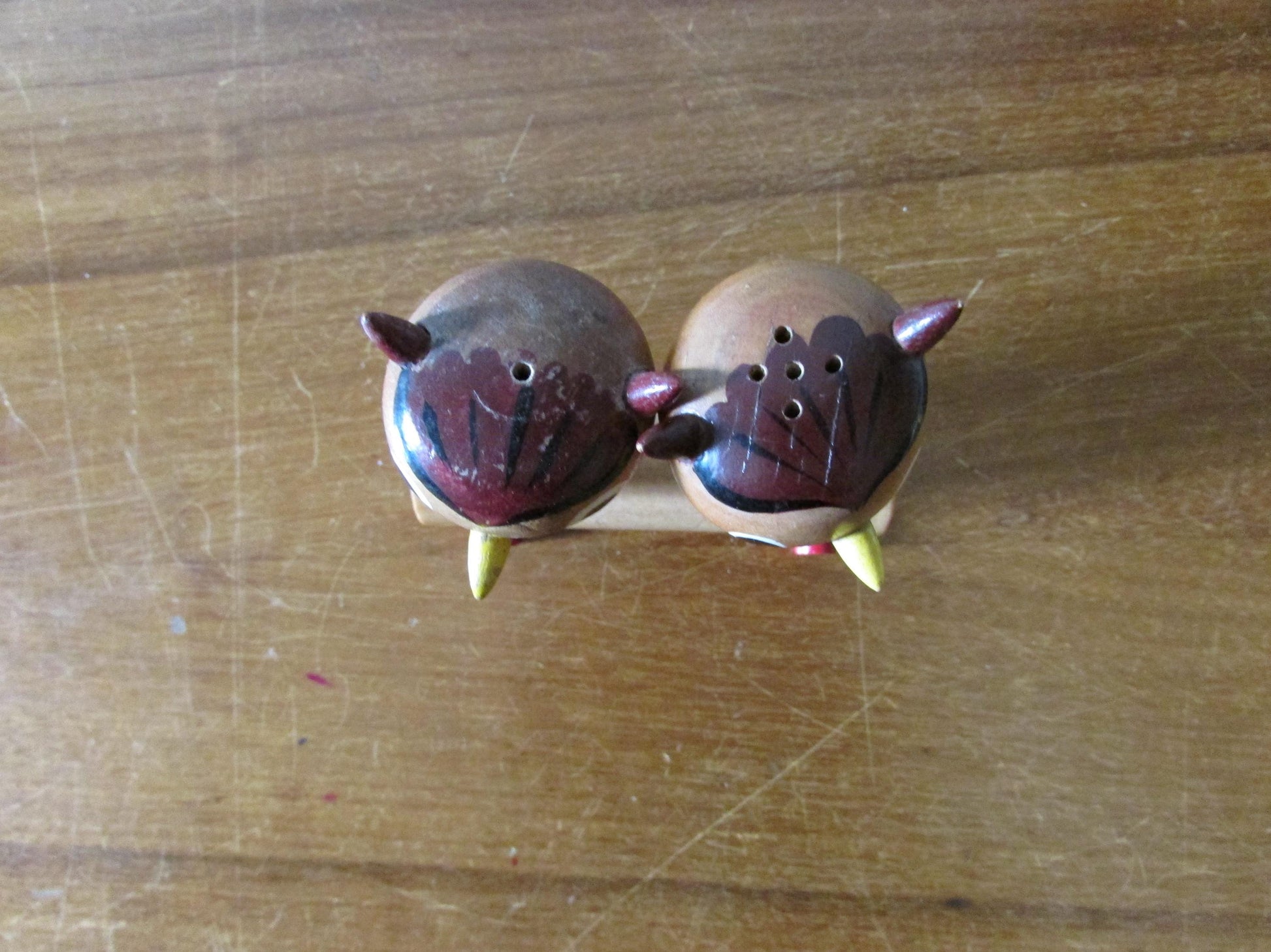 Mid-century hand-painted wooden owls on branch salt & pepper set