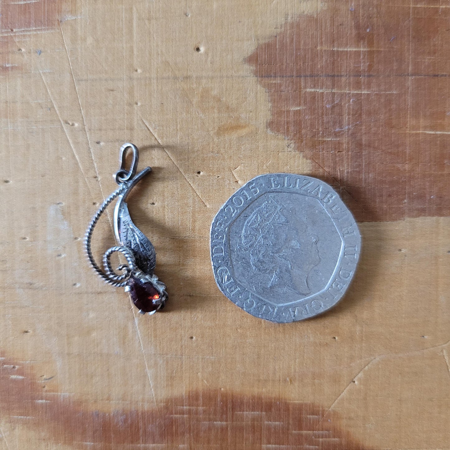 Vintage silver leaf & garnet rhinestone pendant, stamped 925