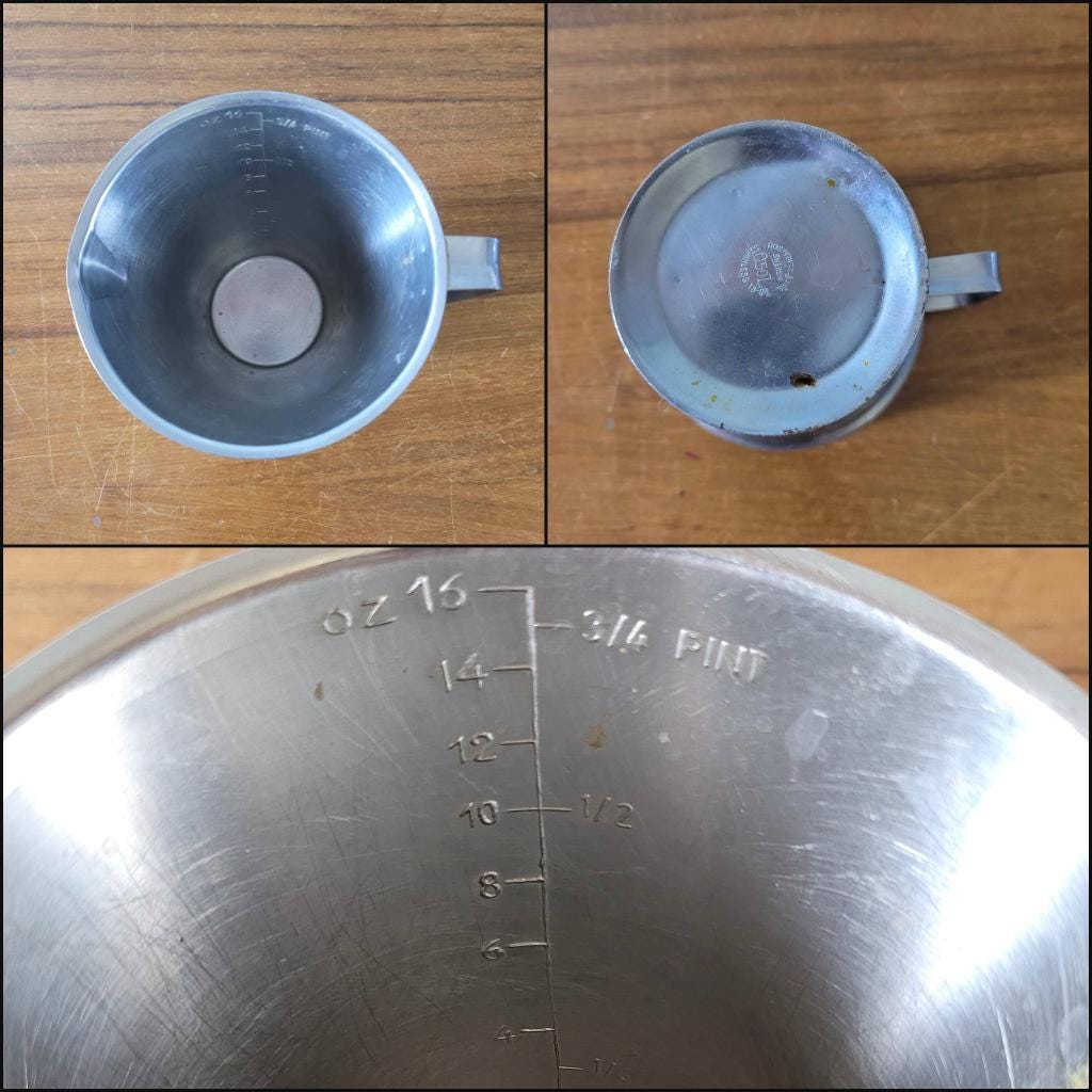 Pair of vintage Rostfritt Stal Sweden stainless steel measuring jugs
