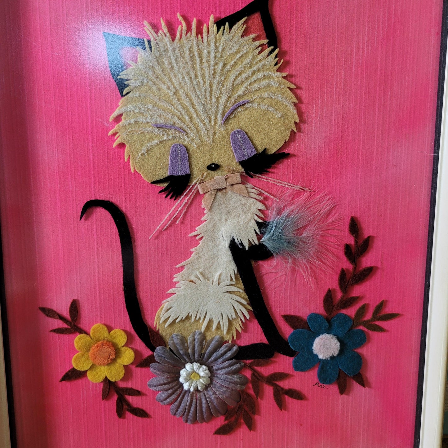 1960s framed home-made kitsch textile kitten & flowers collage